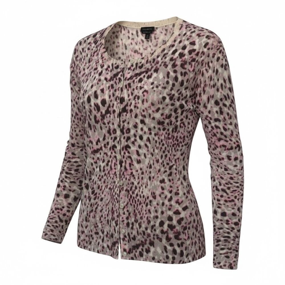Talbots Merino Wool Cardigan Medium Pink Leopard Print Lightweight Sweater